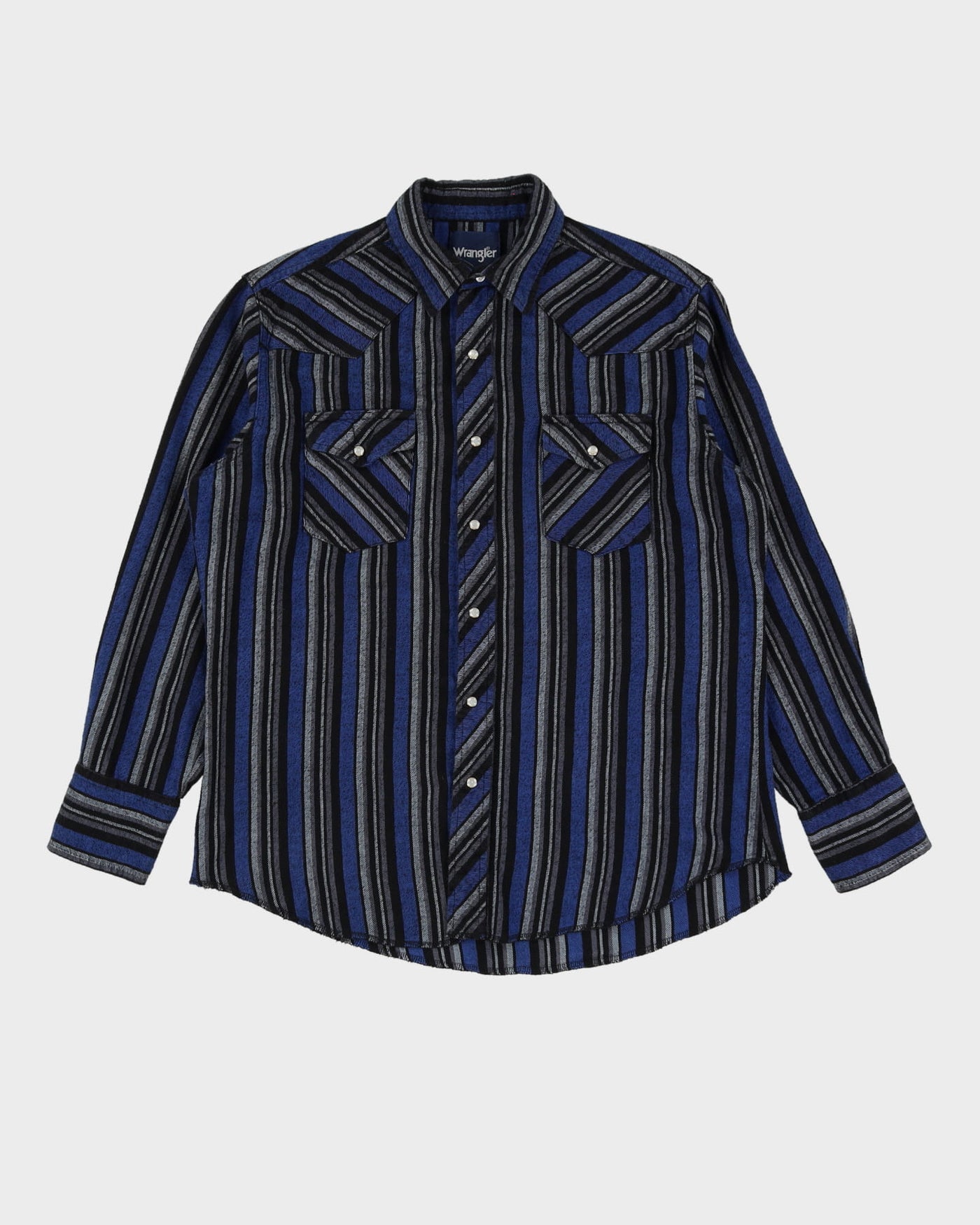 90s Wrangler Blue / Navy / Black Western Style Long-Sleeve Striped Flannel Shirt - M