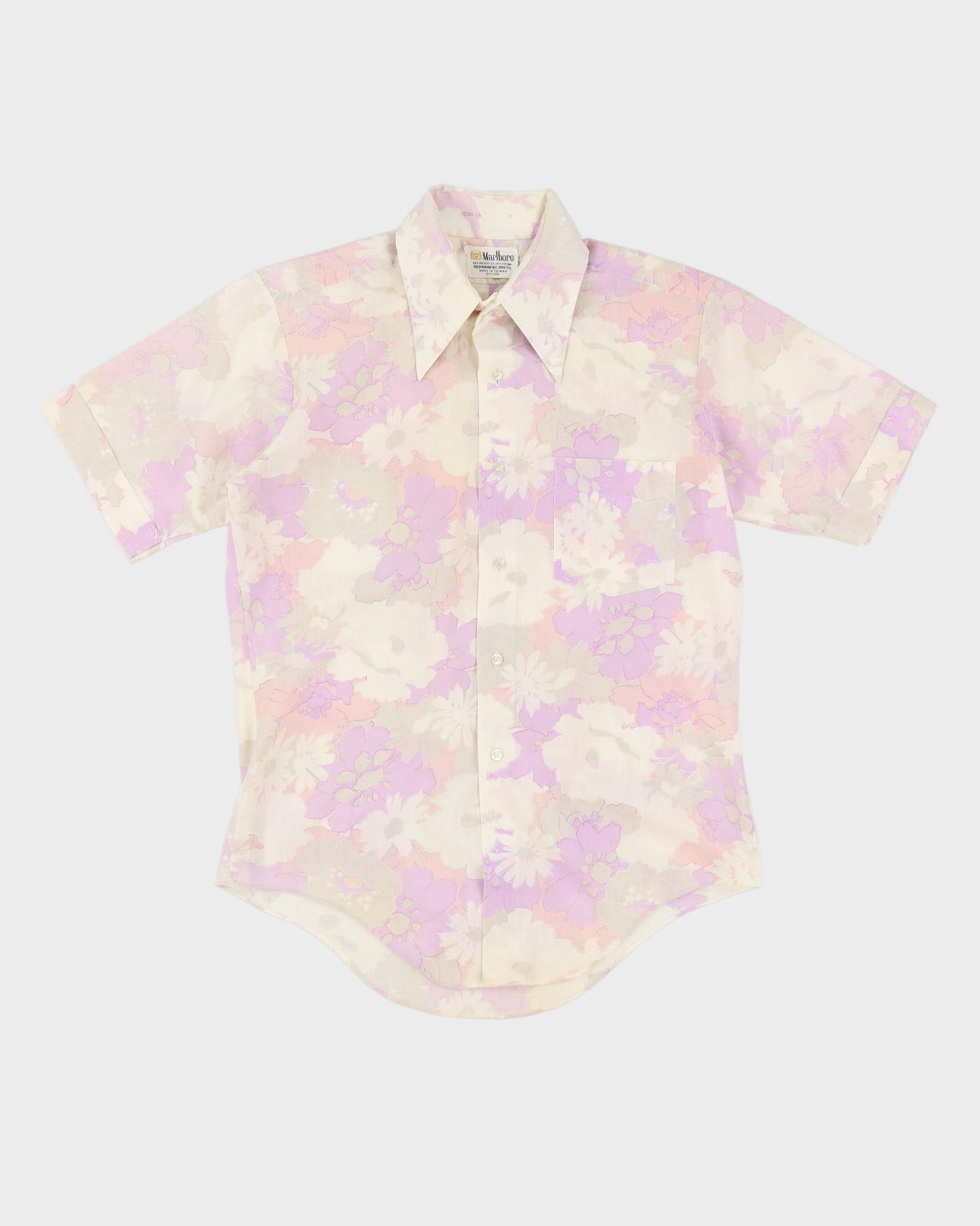 70s Malboro Purple / White Floral Short Sleeve Shirt - M