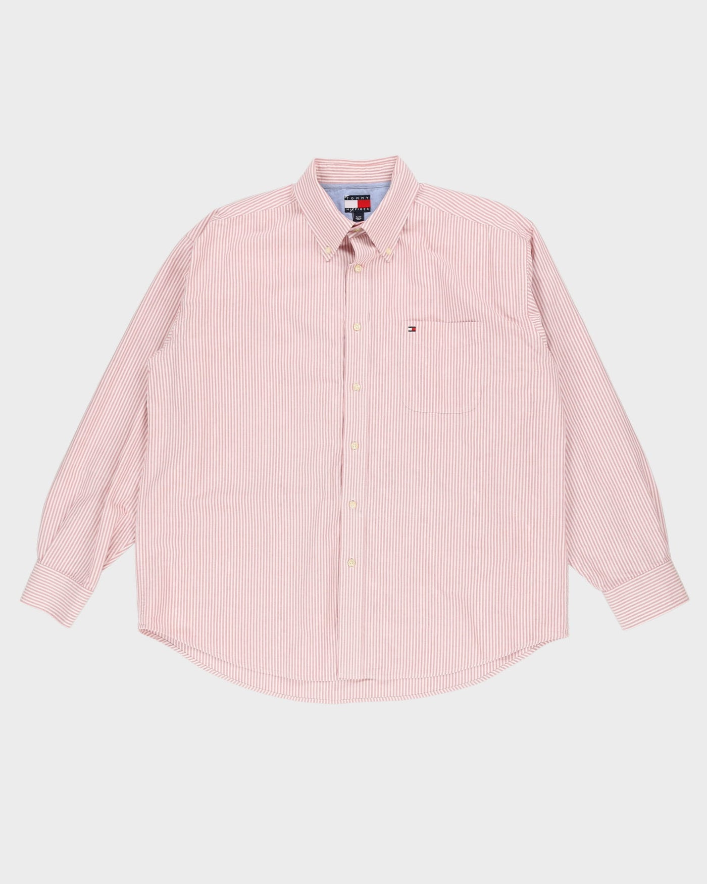 90s Tommy Hilfiger Pink / White Striped Button Up Long-Sleeve Shirt - XL