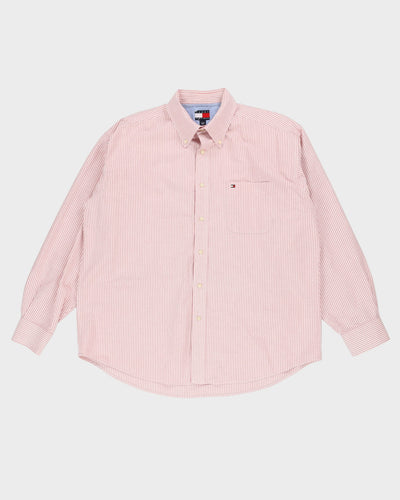 90s Tommy Hilfiger Pink / White Striped Button Up Long-Sleeve Shirt - XL