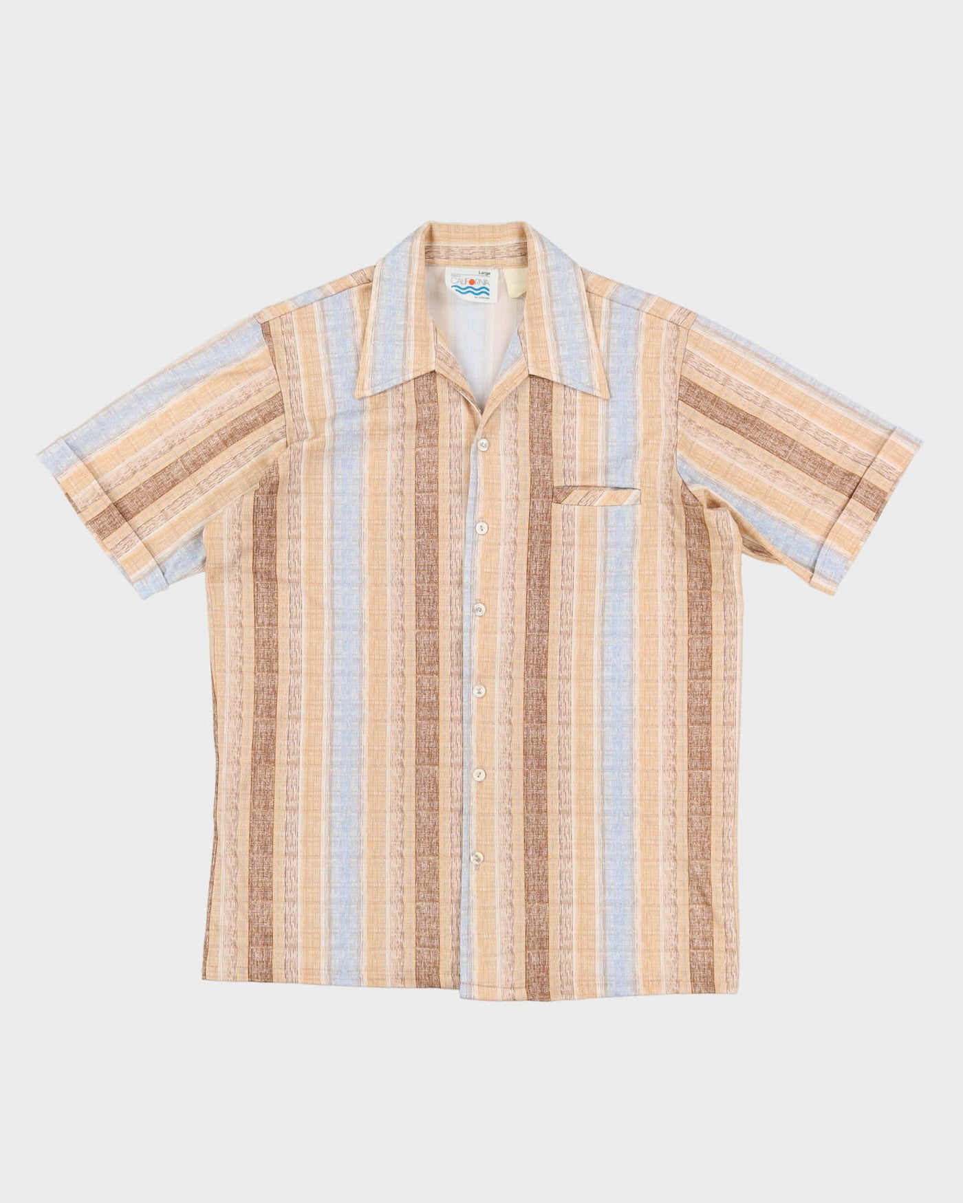 70s California Brown / Blue Striped Button Up Short-Sleeve Shirt - L
