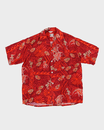 60s Red Fish Patterned Button Up Short-Sleeve Hawaiian Shirt - L