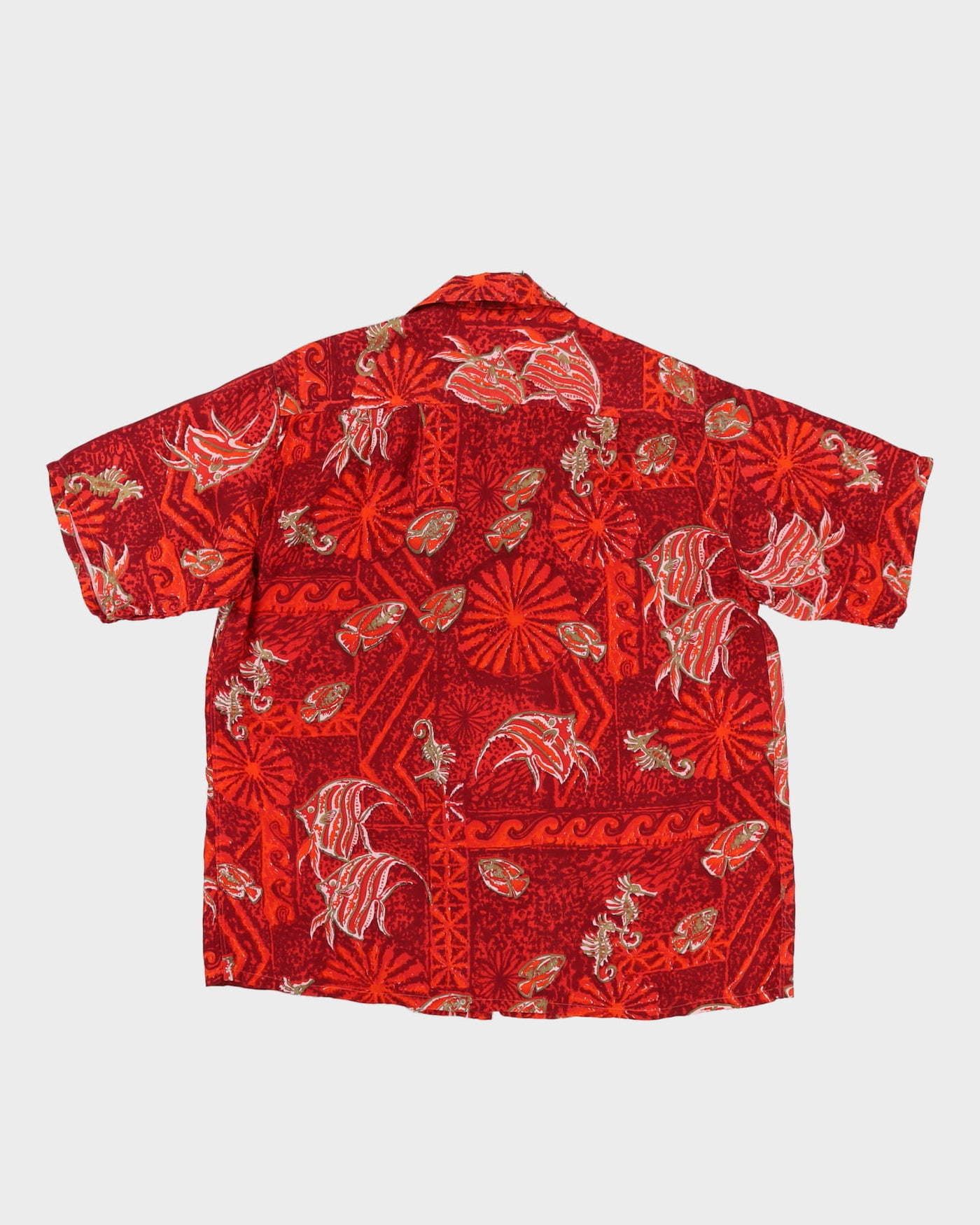 60s Red Fish Patterned Button Up Short-Sleeve Hawaiian Shirt - L