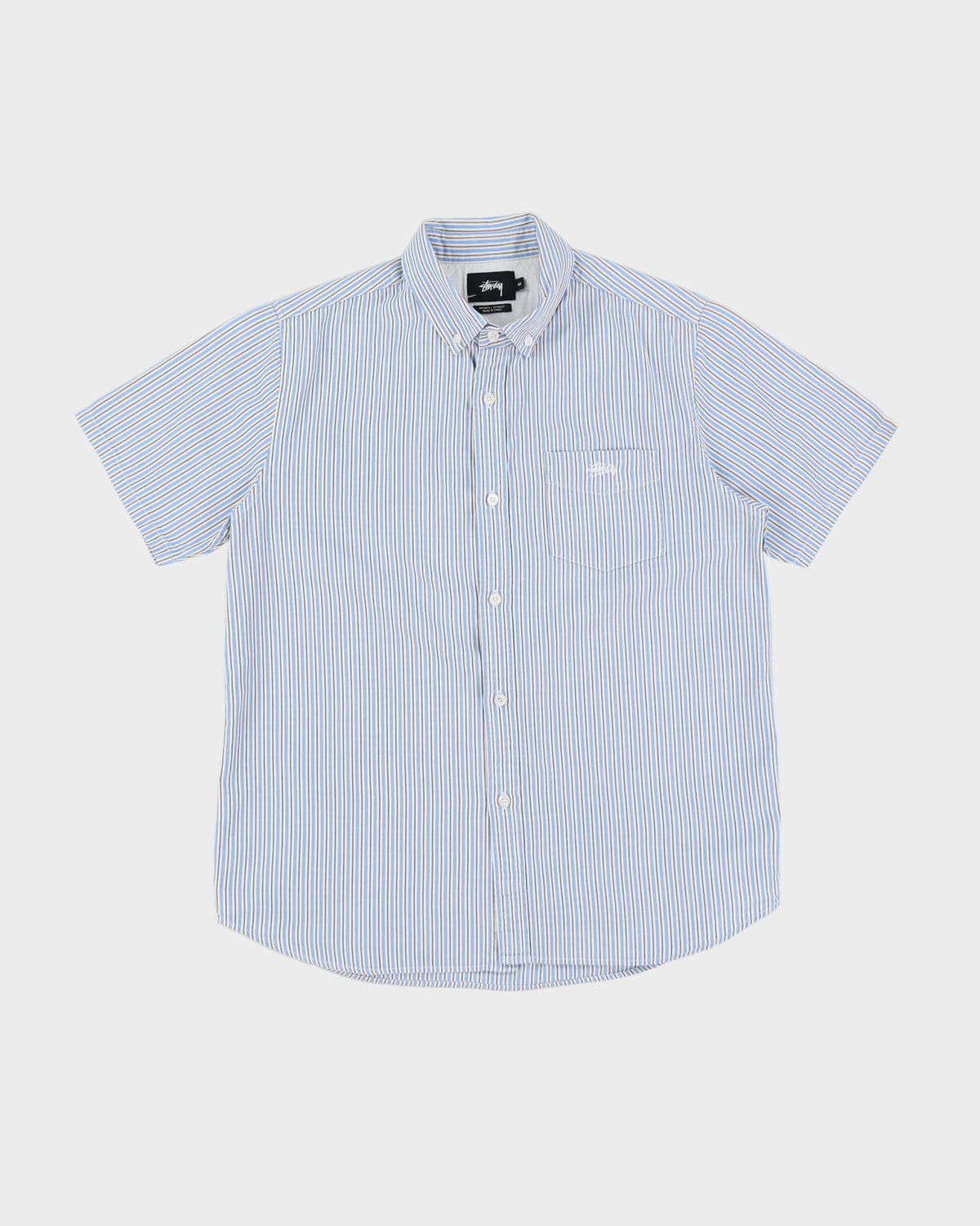 Vintage Stussy Blue / White Stripe Patterned Short-Sleeve Shirt - M