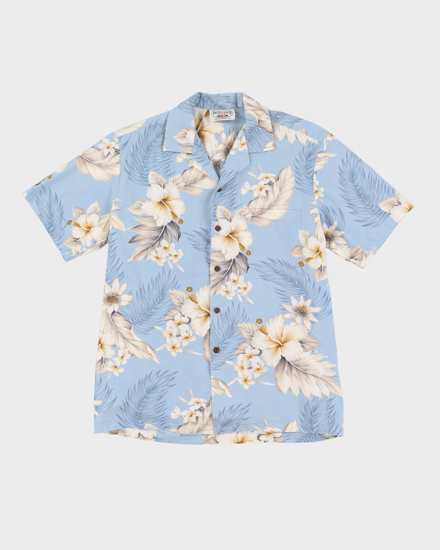 Vintage 80s Pacific Legend Blue / White Floral Patterned Hawaiian Shirt - M