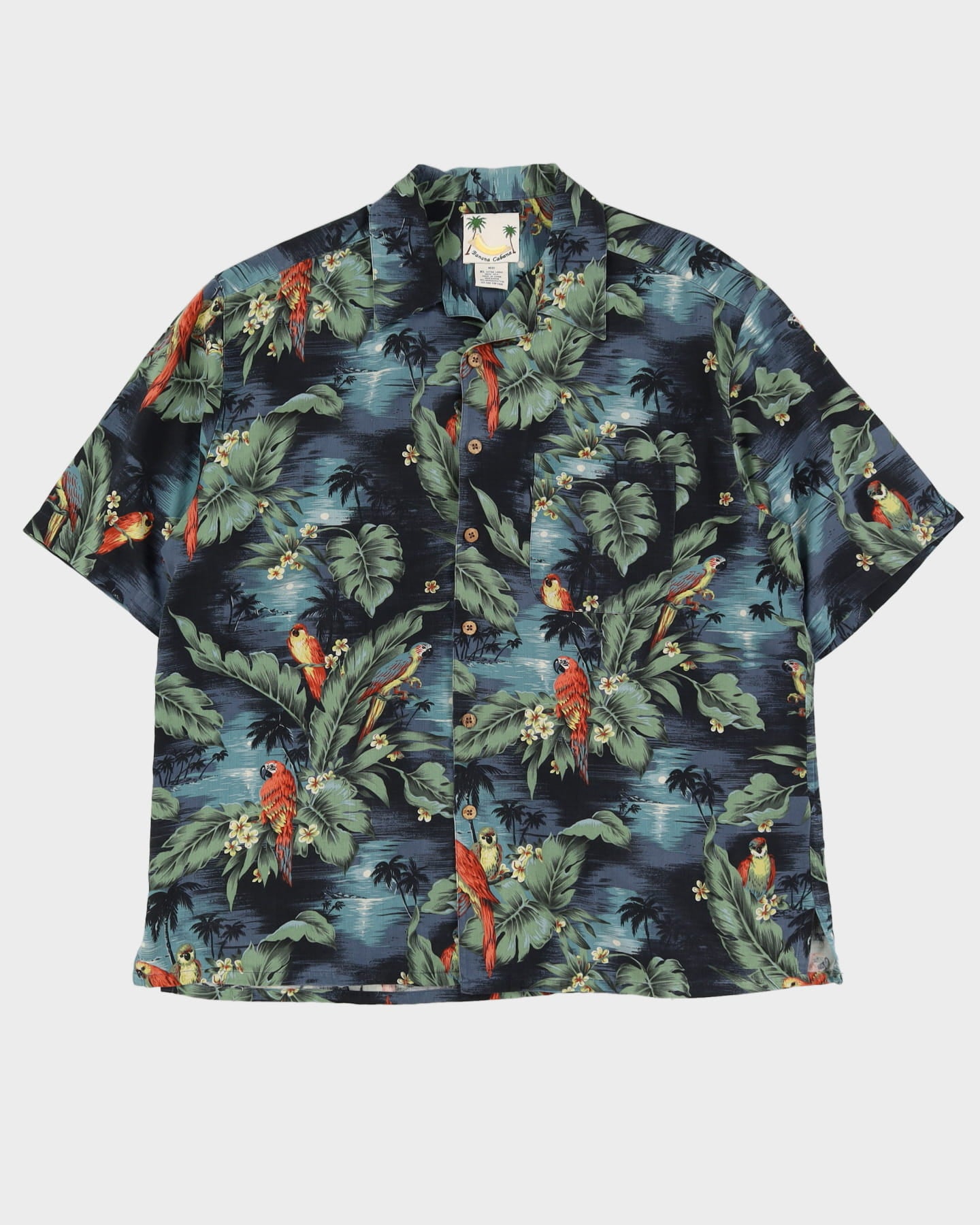 Vintage 90s Banana Cabana Green / Black Patterned Silk Hawaiian Shirt - XL