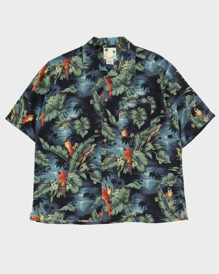 Vintage 90s Banana Cabana Green / Black Patterned Silk Hawaiian Shirt - XL
