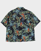Vintage 90s Banana Cabana Green / Black Patterned Silk Hawaiian Shirt - XL