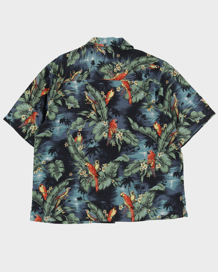 Vintage 90s Banana Cabana Green / Black Patterned Silk Hawaiian Shirt - XL
