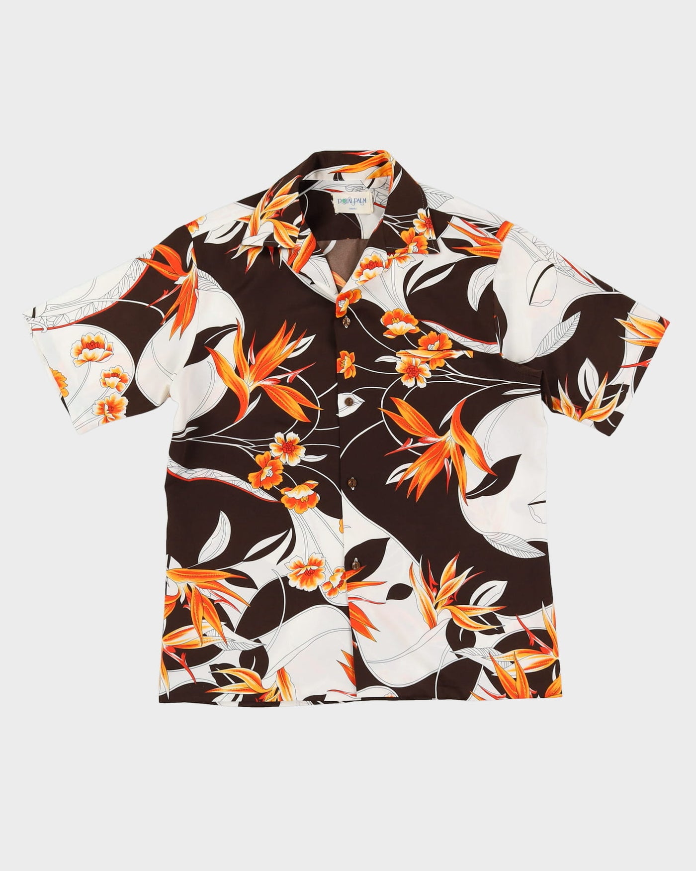 Vintage 60s Royal Palm Brown / White Patterned Hawaiian Shirt - L
