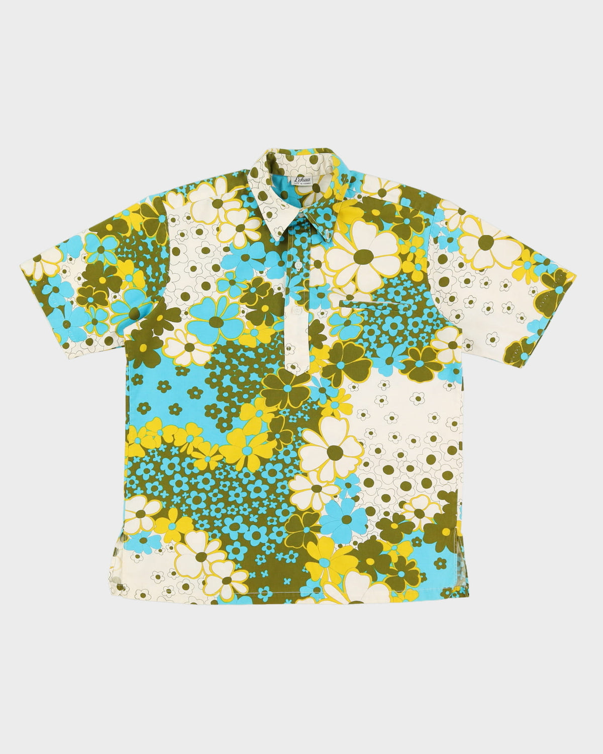 Vintage 60s Lehua Blue / Yellow / White Patterned Hawaiian Shirt - L