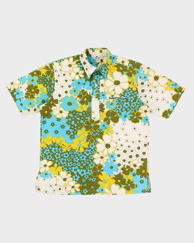Vintage 60s Lehua Blue / Yellow / White Patterned Hawaiian Shirt - L
