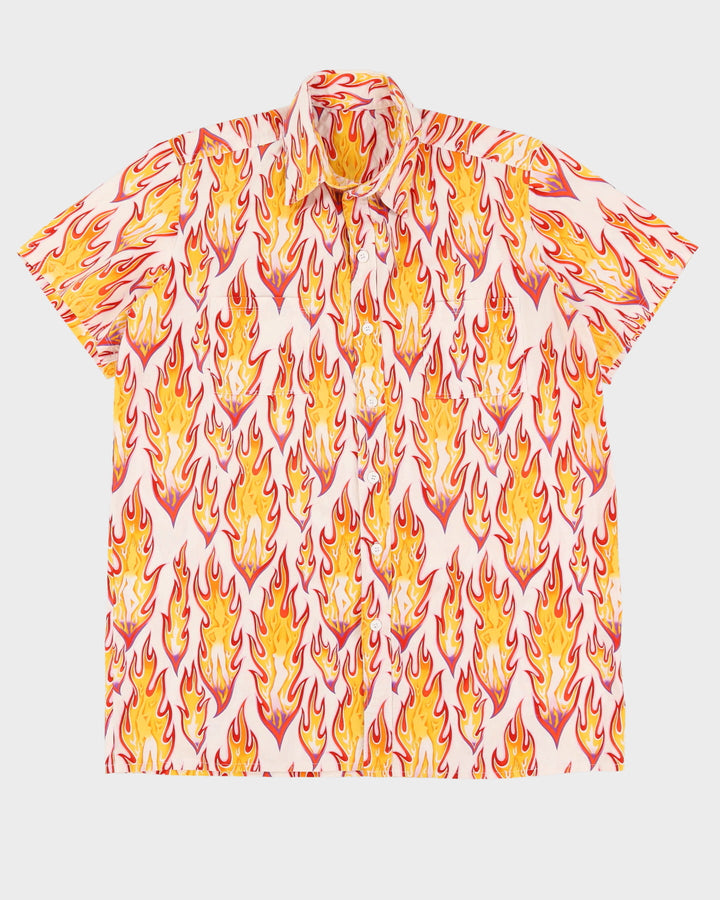00s Y2K Dancing Girls Flame Patterned Oversized Shirt - XL