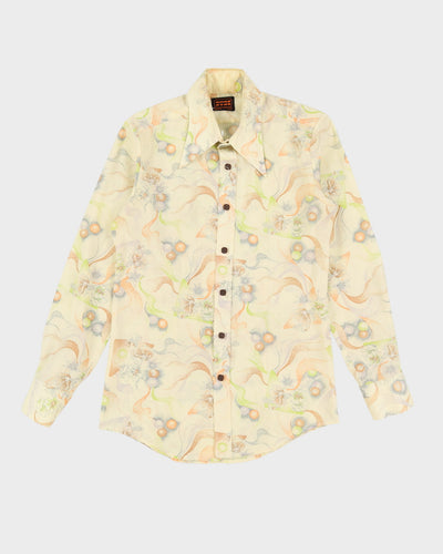 Vintage 70s Dude Yellow Floral Patterned Long Sleeve Shirt - M