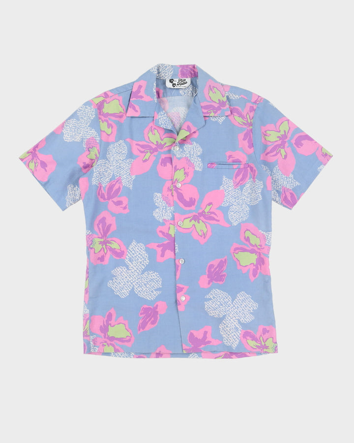 Vintage Blue With Pink Flowers Hawaiian Shirt - M