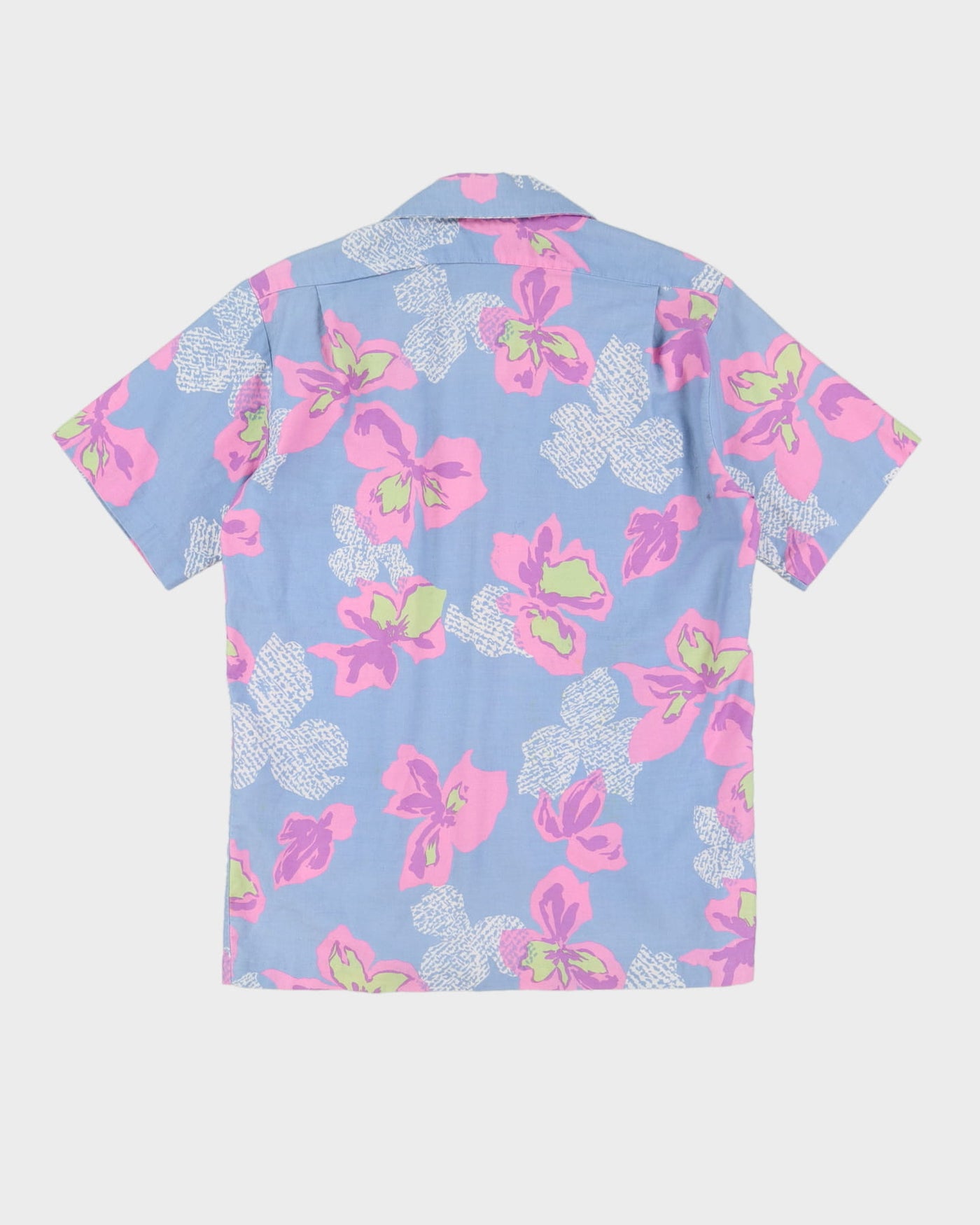 Vintage Blue With Pink Flowers Hawaiian Shirt - M
