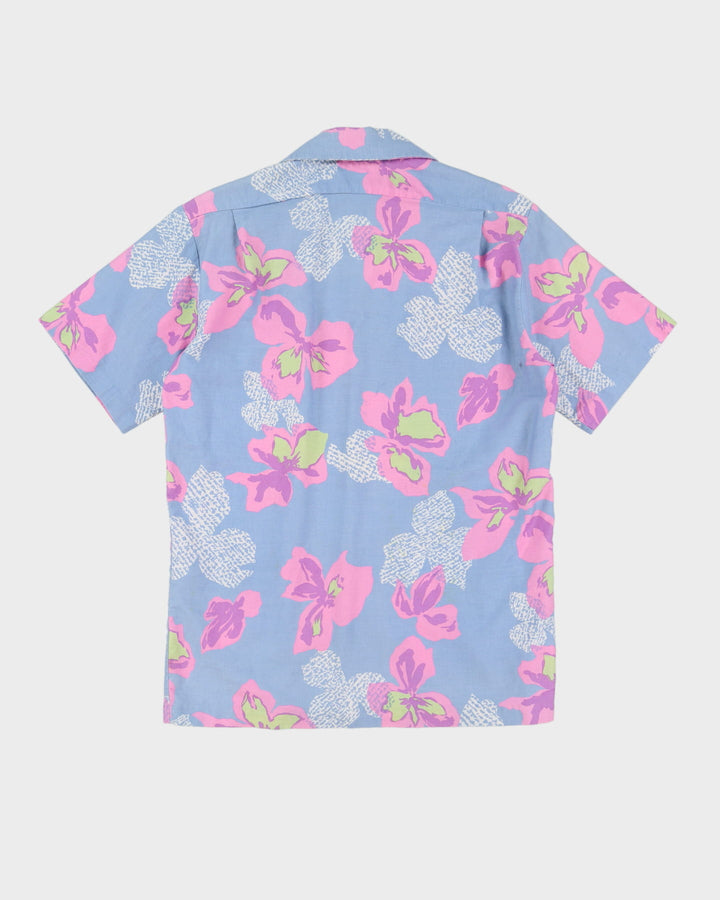 Vintage Blue With Pink Flowers Hawaiian Shirt - M