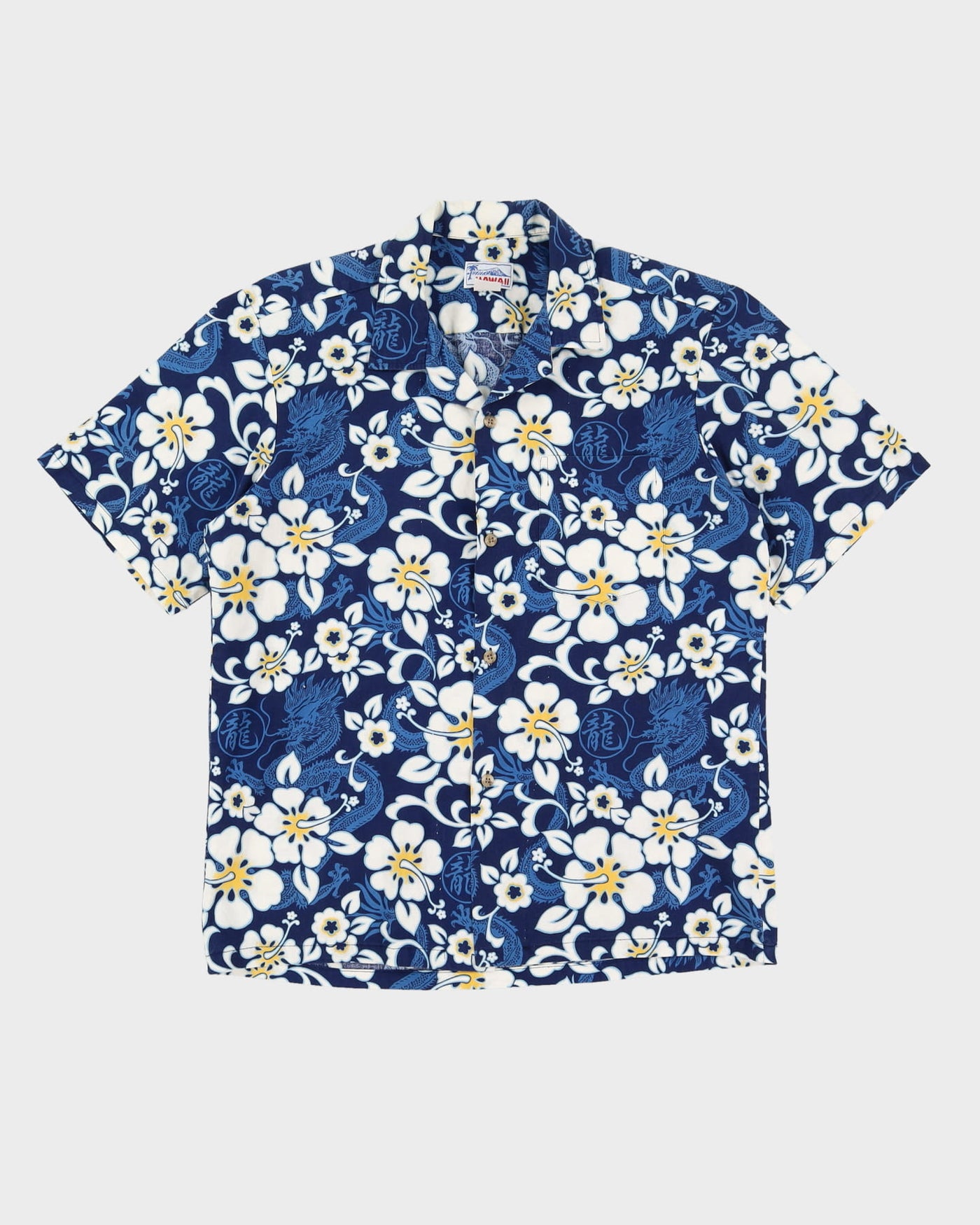 Blue With White Flowers Hawaiian Shirt - L