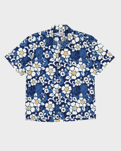 Blue With White Flowers Hawaiian Shirt - L