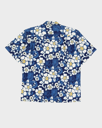 Blue With White Flowers Hawaiian Shirt - L