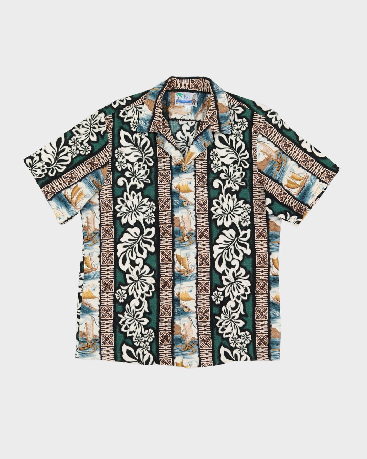 Green Boat Patterned Hawaiian Shirt - M