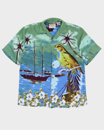 Green Bird Patterned Hawaiian Shirt - L