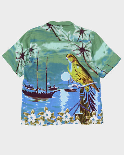 Green Bird Patterned Hawaiian Shirt - L