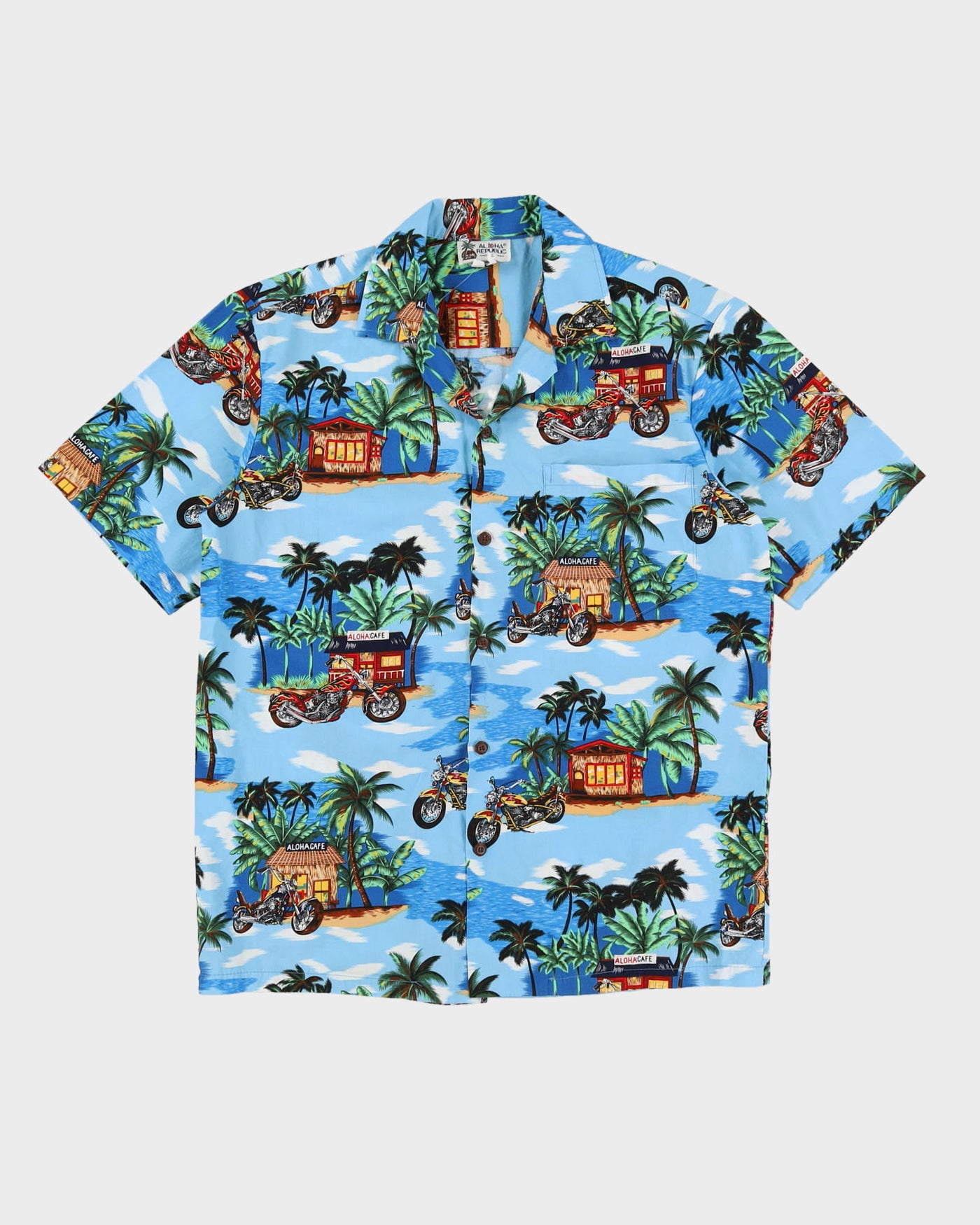 00s Blue Patterned Hawaiian Shirt - M