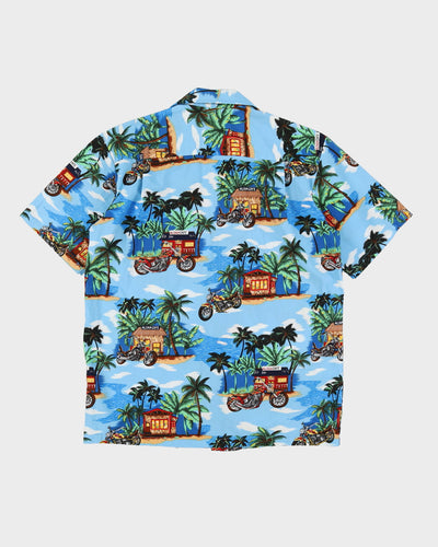 00s Blue Patterned Hawaiian Shirt - M