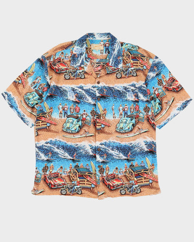 Y2K Blue Rayon Beach Patterned Hawaiian Shirt - XXL