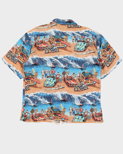 Y2K Blue Rayon Beach Patterned Hawaiian Shirt - XXL