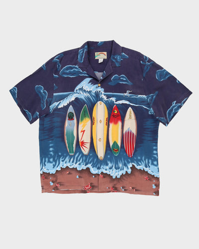 Y2K Blue Rayon Surf Patterned Hawaiian Shirt - XXXL
