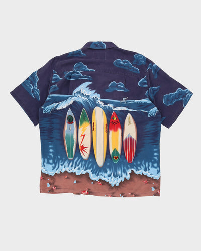 Y2K Blue Rayon Surf Patterned Hawaiian Shirt - XXXL