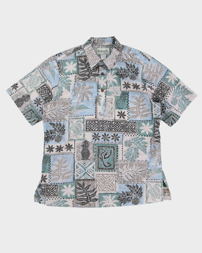 00s Grey And Blue Cotton Patterned Hawaiian Shirt - M