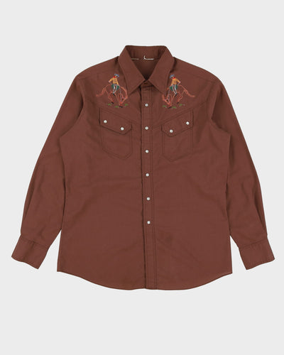 Vintage 80s Brown Embroidered Cowboy Design Western Shirt - XL