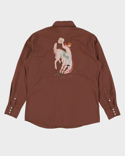 Vintage 80s Brown Embroidered Cowboy Design Western Shirt - XL