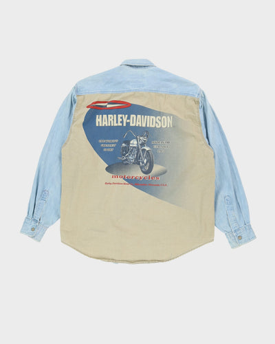 90s Harley Davidson Beige / Blue Long-Sleeve Denim Shirt - XL