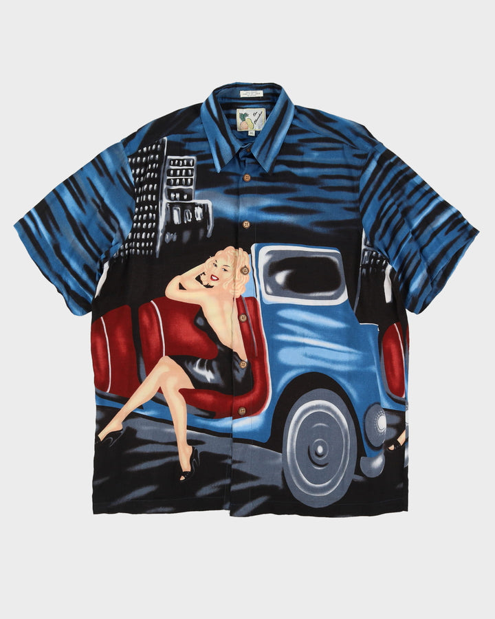Vintage 80s All Over Print Woman Car Design Black / Navy Short-Sleeve Shirt - XL