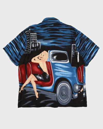 Vintage 80s All Over Print Woman Car Design Black / Navy Short-Sleeve Shirt - XL