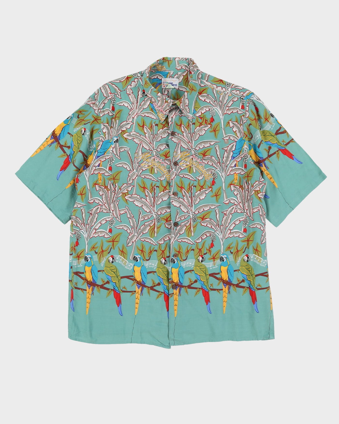 00s Green Parrot Patterned Hawaiian Shirt - L
