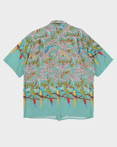 00s Green Parrot Patterned Hawaiian Shirt - L