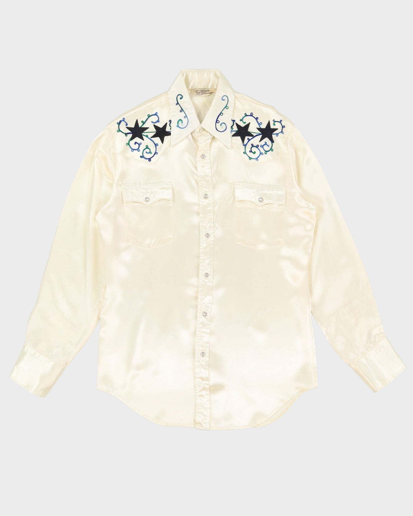 Bronco Cream Satin Embroidered Western Shirt - M