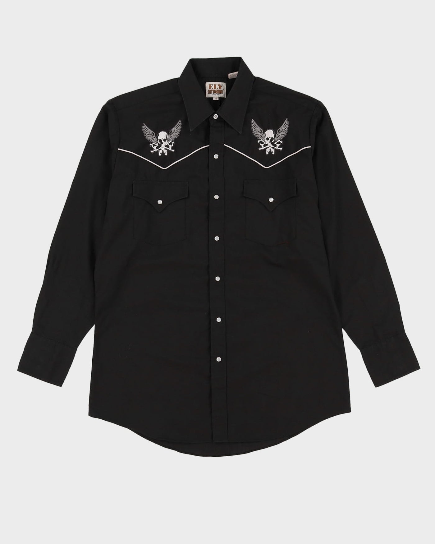 Vintage 90s Ely Cattlemen Black Skull Design Long-Sleeve Oversized Western Shirt - M