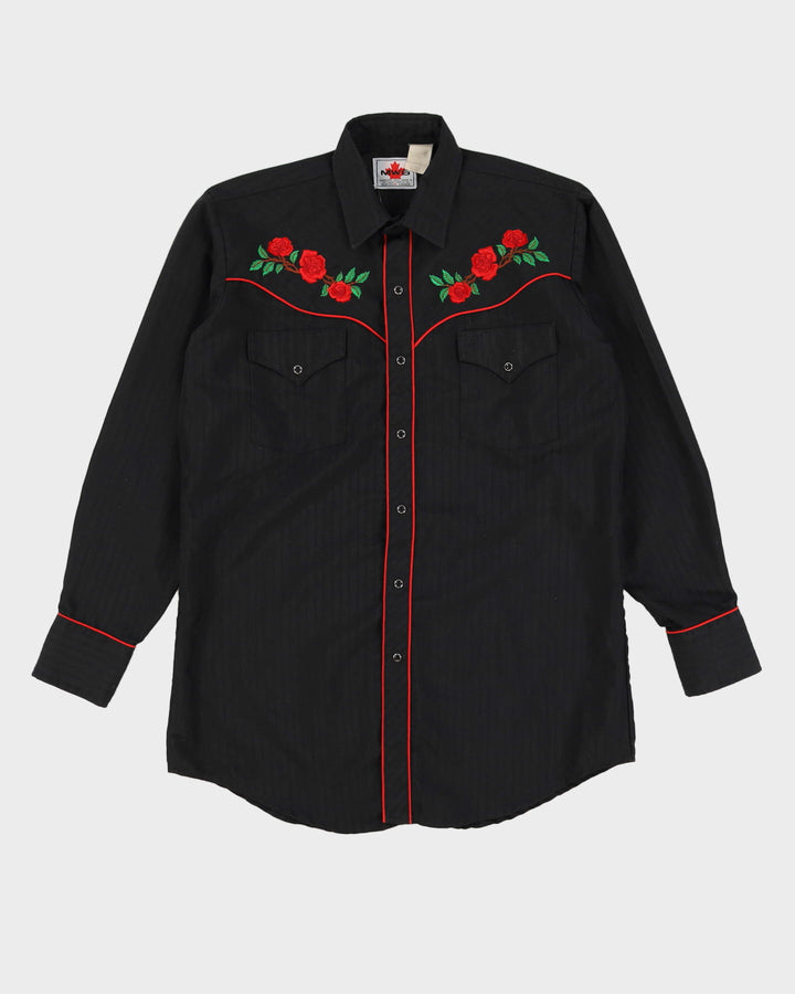 Vintage 90s MWG Embroidered Roses Western Black Long Sleeve Shirt - M / L