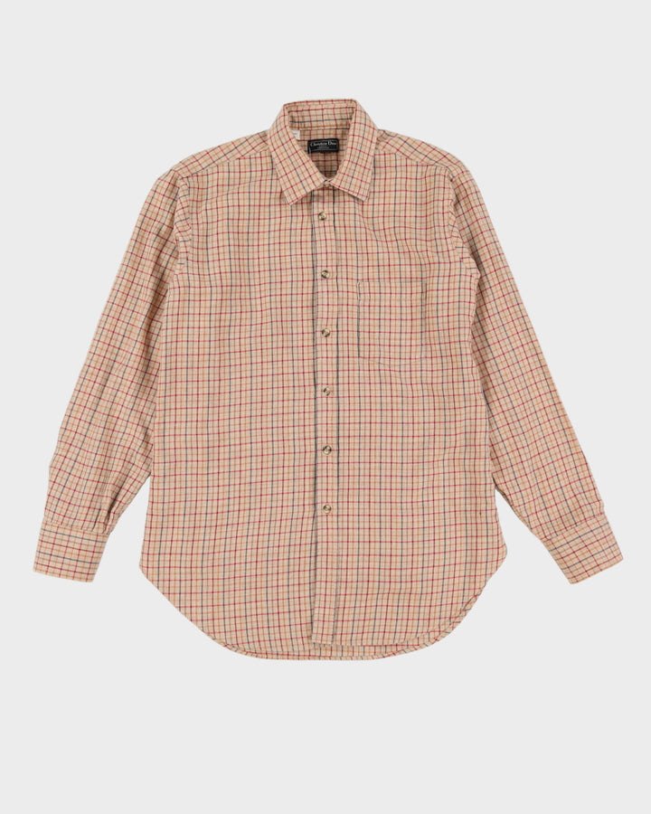 Vintage 90s Christian Dior Beige Check Pattered Long Sleeve Flannel Shirt - M