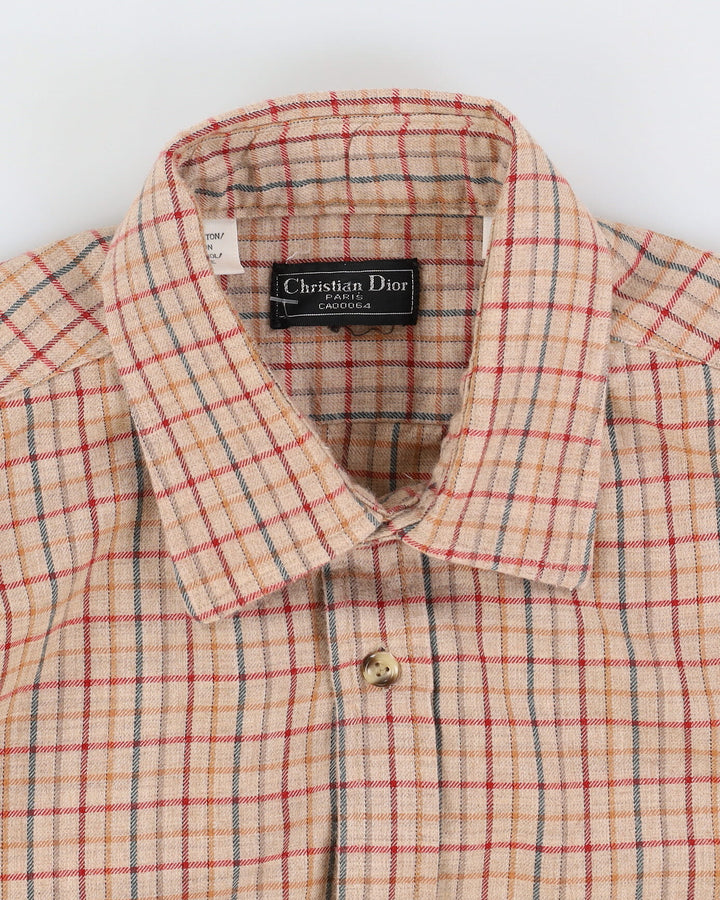Vintage 90s Christian Dior Beige Check Pattered Long Sleeve Flannel Shirt - M