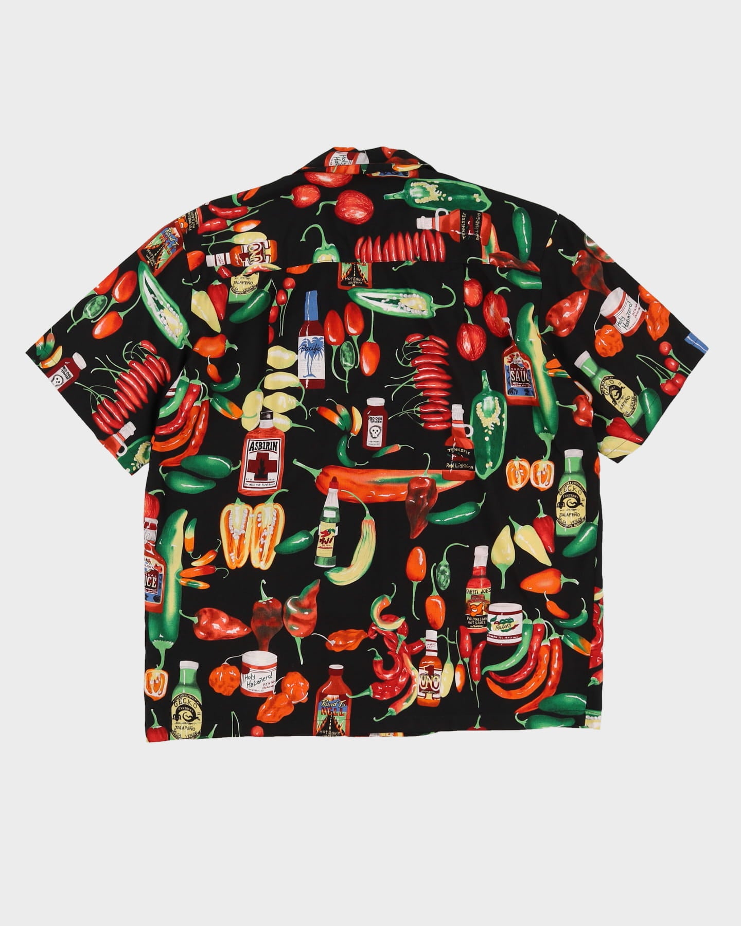 Vintage 90s Paradise Found Black Hot Sauce / Chilli Design Hawaiian Shirt - XL