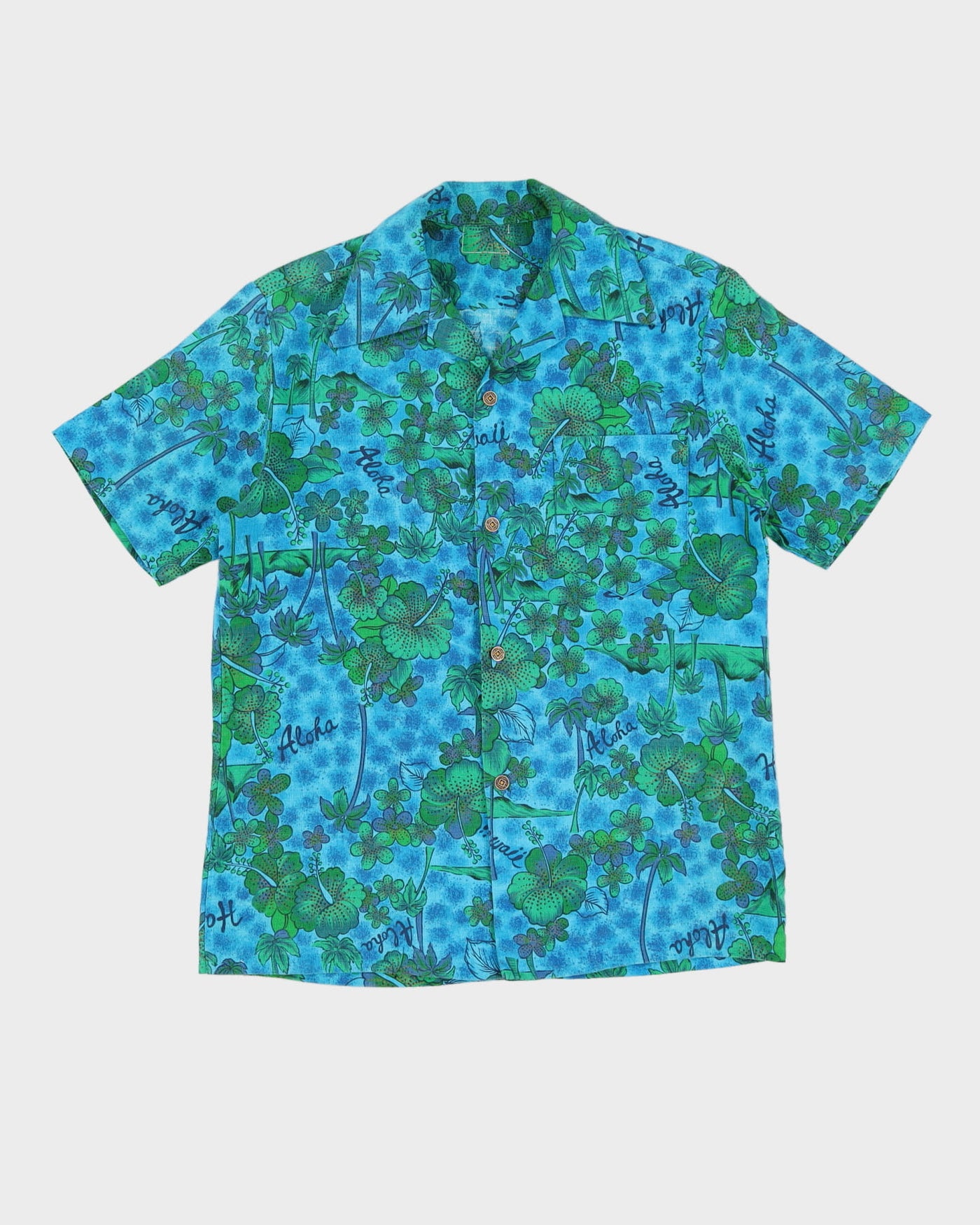 Vintage 60s Green / Blue Floral Design Hawaiian Shirt - M