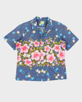 Vintage 80s Ui-Maikai Blue Floral Hawaiian Shirt - L