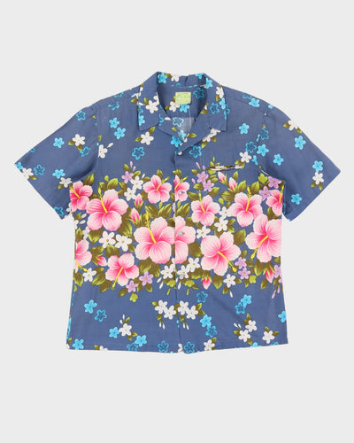 Vintage 80s Ui-Maikai Blue Floral Hawaiian Shirt - L